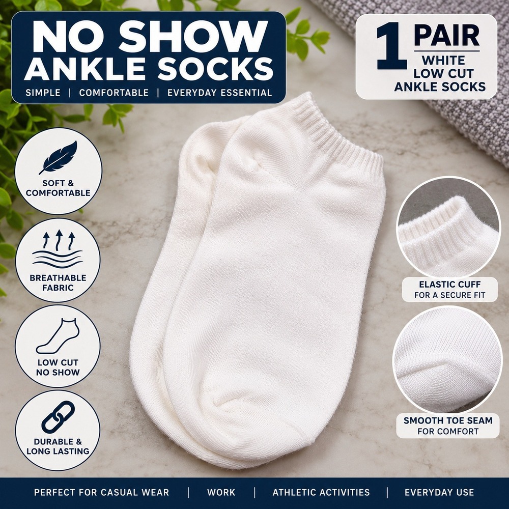 White Low Cut Ankle Socks No Show Breathable Cotton Blend 1 Pair Casual Athletic